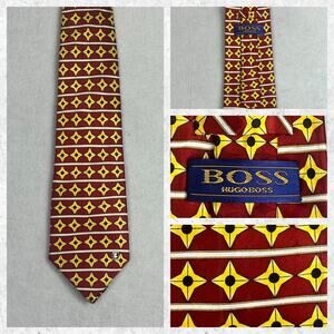 Hugo Boss Handmade Geometric Red Yellow 100% Silk Mens Neck Tie